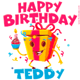 A funny animated birthday GIF with the words 'Happy Birthday Teddya', colorful gift box with arms and legs, holding a cupcake with a lit candle  with confetti everywhere.