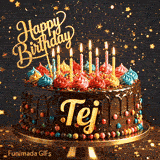 A chocolate drip birthday cake on a stand with colorful frosting and lit candles, featuring the name Tej in glowing yellow letters.
