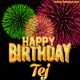 A captivating GIF with bursts of green, pink, and orange fireworks lighting up the night sky, accompanied by 'Happy Birthday Tej' in glowing golden text.