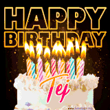 A vibrant animated GIF featuring a delicious birthday cake topped with glowing candles and the name 'Tej' in elegant script, and the words 'Happy Birthday' on the black background.