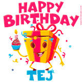 A funny animated birthday GIF with the words 'Happy Birthday Teja', colorful gift box with arms and legs, holding a cupcake with a lit candle  with confetti everywhere.