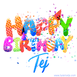 Animated GIF with colorful, festive 'Happy Birthday Tej' text decorated with patterns, a party hat, and falling confetti. A vibrant and cheerful design for birthday celebrations.
