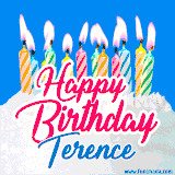 A cheerful animated GIF featuring colorful lit birthday candles on a white cake, with the text 'Happy Birthday Terence' in bold red and blue script on a bright blue background.