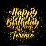 Animated GIF with colorful, festive 'Happy Birthday Terence' text decorated with patterns, a party hat, and falling confetti. A vibrant and cheerful design for birthday celebrations.