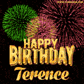 Wishing You A Happy Birthday, Terence! Best fireworks GIF animated greeting card.