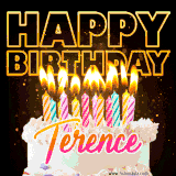 A vibrant animated GIF featuring a delicious birthday cake topped with glowing candles and the name 'Terence' in elegant script, and the words 'Happy Birthday' on the black background.