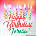 Happy Birthday GIF for Teresa with Birthday Cake and Lit Candles