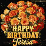 Animated bouquet of orange roses with moving butterfles and golden 'Happy Birthday Teresa' text, surrounded by sparkling accents and a dark backdrop for a luxurious feel.