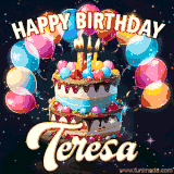 Bright birthday animation for Teresa with a chocolate cake, candles, balloons, and glowing celebratory lights.