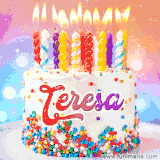 A cheerful white birthday cake with multicolor sprinkles, lit candles, and 'Teresa' written in vibrant letters, in an animated GIF.