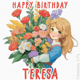 Bright floral birthday animation for Teresa showing a cute cartoon girl with golden hair and expressive eyes holding a huge bouquet, surrounded by birthday text.