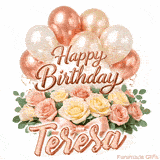 Stylish pink and gold Happy Birthday Teresa animation with floral decor
