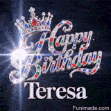 Close-up of a detailed silver crown with red, green, and blue gems above the name Teresa in elegant metallic font.