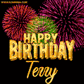 Wishing You A Happy Birthday, Terry! Best fireworks GIF animated greeting card.