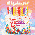 Personalized for Tessa elegant birthday cake adorned with rainbow sprinkles, colorful candles and glitter