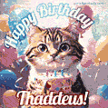 Happy birthday gif for Thaddeus with cat and cake
