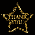 Thank You. Golden text, blinking star on black background.