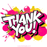 Large white comic-style block letters spelling 'THANK YOU!' with thick black outlines, set against a chaotic background of hot pink and bright yellow paint splatters.
