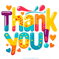 A thank-you animated GIF with 'Thank You' written in multicolored letters, adorned with playful heart shapes and fun decorative elements for a cheerful vibe.