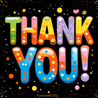 Bright and colorful 'Thank You' animation by Funimada featuring joyful bubble letters with stars and dots