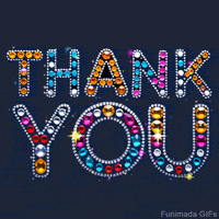 Animated 'THANK YOU' text made of colorful sparkling gemstones on a dark background. Each letter glitters with light reflections, creating an elegant and joyful effect.