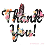 A floral 'Thank You' GIF. The black text is decorated with animated flowers and butterflies, creating a cheerful and elegant way to express gratitude.