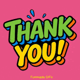 Bold pop-art text spells out 'THANK YOU!' in a bouncy arrangement. The green and yellow letters, accented with blue and orange 3D drop shadows, sit on a vivid pink surface.