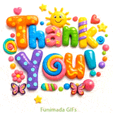 A 3D clay-style illustration of 'Thank You' in vibrant, patterned letters, featuring a smiling sun, pink butterflies, yellow stars, and red hearts on a white background.