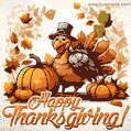 Traditional Thanksgiving theme: Animated greeting card with turkey, pumpkins, and foliage