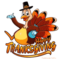 A funny cartoon turkey character is the star of this animated Thanksgiving GIF, It wears gloves and a pilgrim's hat and does a little dance to wish everyone a very Happy Thanksgiving.