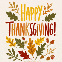 Animated GIF with 'Happy Thanksgiving!' text in a handwritten style, The greeting is surrounded by animated autumn leaves and acorns in warm fall colors on a textured background.