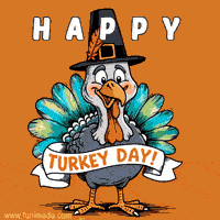 An animated GIF of a cartoon turkey wearing a pilgrim hat with a red feather, A white banner across its chest reads 'TURKEY DAY!', with 'HAPPY' at the top on an orange background.