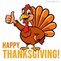 A funny cartoon turkey character is the star of this animated Thanksgiving GIF, It winks and gives a big thumbs up to wish everyone a very Happy Thanksgiving.