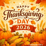 A warm and festive animated Thanksgiving greeting for 2026, The image features an elegant label with the holiday message, decorated with glowing autumn leaves and plump orange pumpkins.