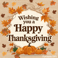 A classic animated Thanksgiving greeting, Orange and brown autumn leaves gently fall around a central message, with three orange pumpkins resting at the bottom of the elegant frame.
