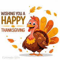 Animated GIF of a happy cartoon turkey on a white background with falling leaves, The text reads 'Wishing You a Happy Thanksgiving' in brown and orange letters to the left.