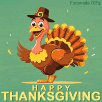 A cheerful animated Thanksgiving greeting featuring a funny dancing cartoon turkey in a pilgrim hat, The turkey has a big smile, and small yellow leaves gently fall around it.