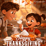 An animated Thanksgiving GIF showing two cartoon children decorating a steaming pumpkin pie. The little girl smiles with frosting on her nose, capturing a joyful, wholesome family holiday moment.