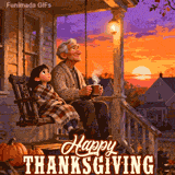 An animated Thanksgiving scene depicts an elderly man and a young girl enjoying the autumn sunset from a cozy porch swing. Pumpkins sit on the porch, and the text 'Happy Thanksgiving' is below.