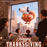 A family of four watches the Thanksgiving Day parade from their apartment window. A giant parade balloon of Snoopy dressed as a turkey floats by as confetti falls, with 'Happy Thanksgiving' text.