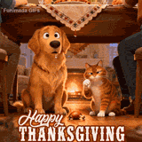 A drooling golden retriever and a scheming ginger cat sit under a Thanksgiving dinner table. They are both eyeing a dropped turkey leg on the floor as a family dines above them. Text reads 'Happy Thanksgiving'.