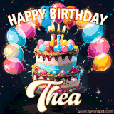 Bright birthday animation for Thea with a chocolate cake, candles, balloons, and glowing celebratory lights.