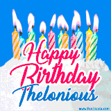 A cheerful animated GIF featuring colorful lit birthday candles on a white cake, with the text 'Happy Birthday Thelonious' in bold red and blue script on a bright blue background.