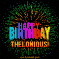 A colorful animated GIF featuring the text 'Happy Birthday Thelonious!' in rainbow colors with a dynamic iridescent firework display in the background.