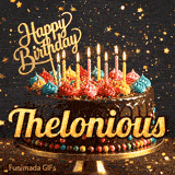 Shimmering gold stars in the background of a chocolate birthday cake with glowing candles, personalized with the name Thelonious.