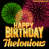 A captivating GIF with bursts of green, pink, and orange fireworks lighting up the night sky, accompanied by 'Happy Birthday Thelonious' in glowing golden text.