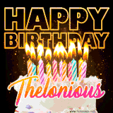 A vibrant animated GIF featuring a delicious birthday cake topped with glowing candles and the name 'Thelonious' in elegant script, and the words 'Happy Birthday' on the black background.