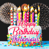 A lively happy birthday animated GIF showcasing a colorful birthday cake covered in sprinkles, topped with glowing candles, and surrounded by vibrant fireworks. The name 'Thelonious' is featured in elegant script.