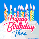 A cheerful animated GIF featuring colorful lit birthday candles on a white cake, with the text 'Happy Birthday Theo' in bold red and blue script on a bright blue background.