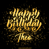 Animated GIF with colorful, festive 'Happy Birthday Theo' text decorated with patterns, a party hat, and falling confetti. A vibrant and cheerful design for birthday celebrations.